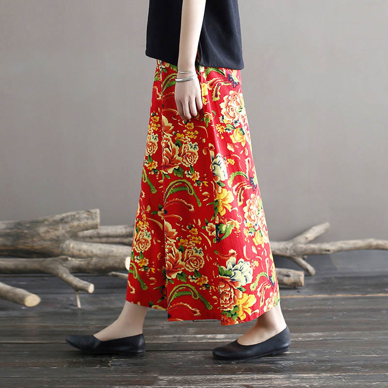 Buddha Stones Red Peony Flowers Cotton Linen Wide Leg Pants With Pockets