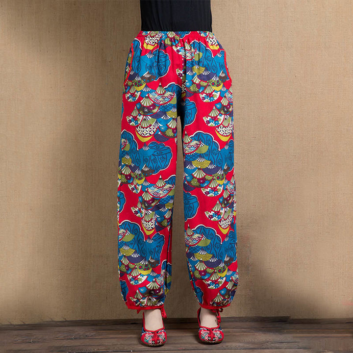 Buddha Stones Fan Cashew Flower Pattern Cotton Linen Harem Pants With Pockets