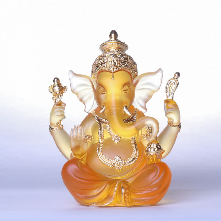 Buddha Stones Handmade Ganesh Ganpati Elephant Figurine Liuli Crystal Art Piece Protection Statue Home Decoration - Ganesh Amber Color&Gold 11.5*9*14.5cm - image 10