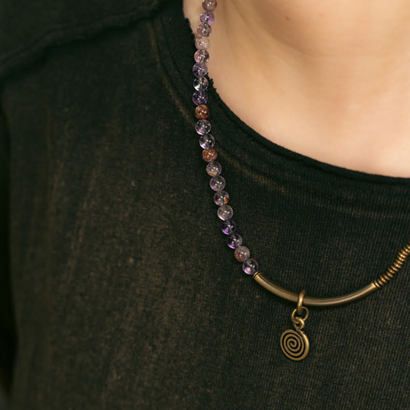 Buddha Stones Purple Phantom Red Hematoid Quartz Green Rutilated Quartz Copper Love Forgive Bracelet - image 11