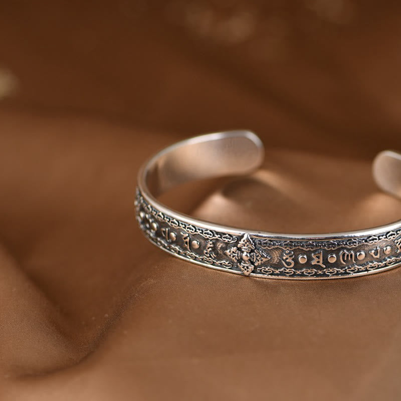 Buddha Stones 925 Sterling Silver Om Mani Padme Hum Double Dorje Engraved Wisdom Cuff Bracelet Bangle - image 8