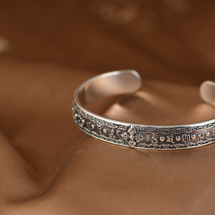 Buddha Stones 925 Sterling Silver Om Mani Padme Hum Double Dorje Engraved Wisdom Cuff Bracelet Bangle - image 8