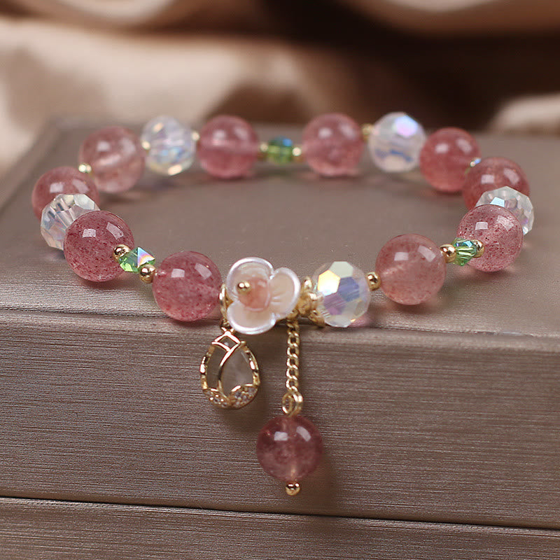 Buddha Stones Strawberry Quartz Rutilated Quartz Fluorite Flower Healing Bracelet