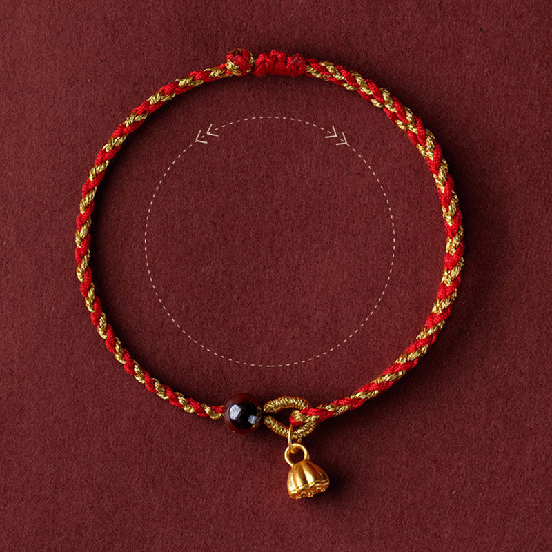 Buddha Stones Handcrafted Red Gold Rope Lotus Peace And Joy Charm Braid Bracelet