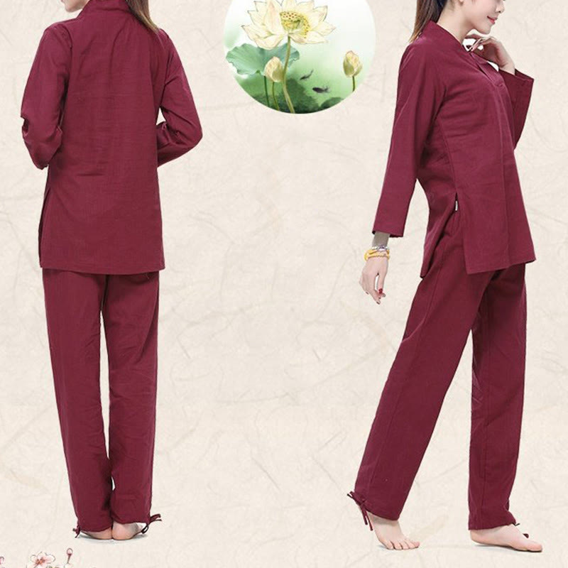 Buddha Stones Zen Practice Yoga Meditation Prayer V-neck Design Uniform Cotton Linen Clothing Women's Set - image 3