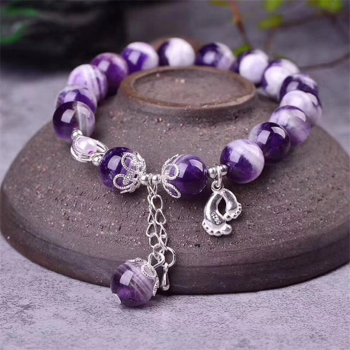 Buddha Stones 925 Sterling Silver Natural Amethyst Healing Feet Love Heart Charm Bracelet - Amethyst(Spiritual Awareness♥Inner Peace) - image 0