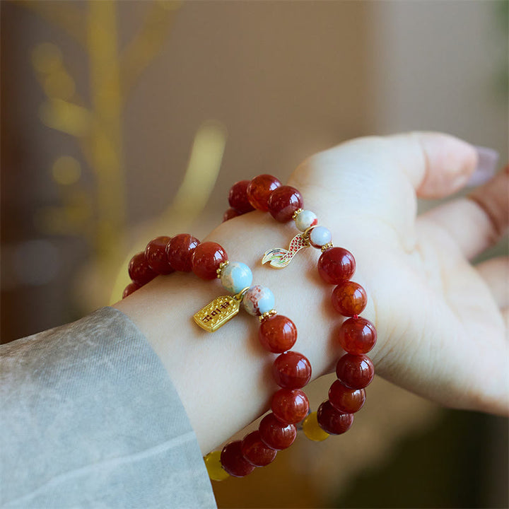 Buddha Stones Natural Red Agate Peace Talisman Fu Character Dragon Tail Confidence Charm Bracelet