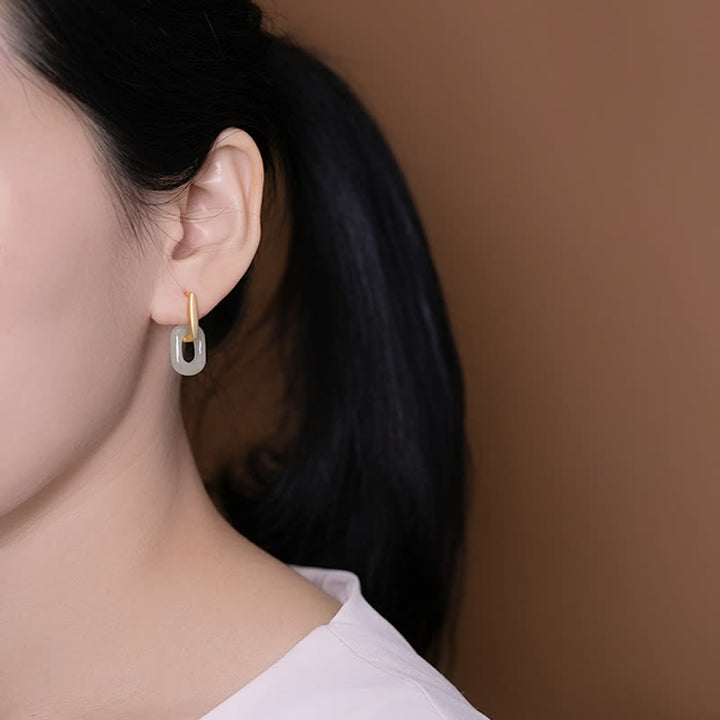 925 Sterling Silver Round White Jade Happiness Blessing Earrings - image 3