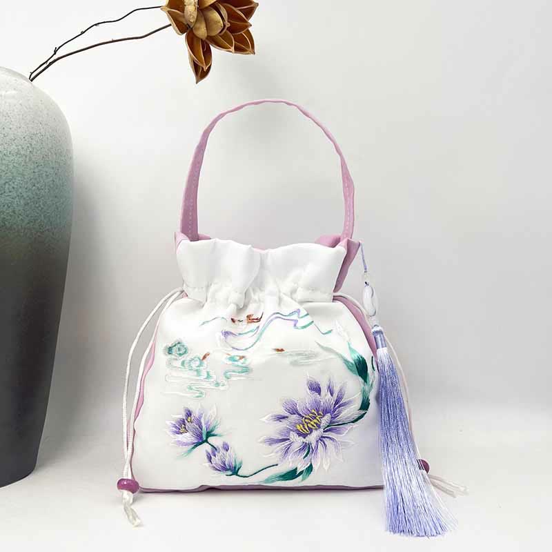 Buddha Stones Suzhou Embroidery Rabbit Lotus Epiphyllum Peony Magnolia Silk Tote Crossbody Bag Shoulder Bag Handbag