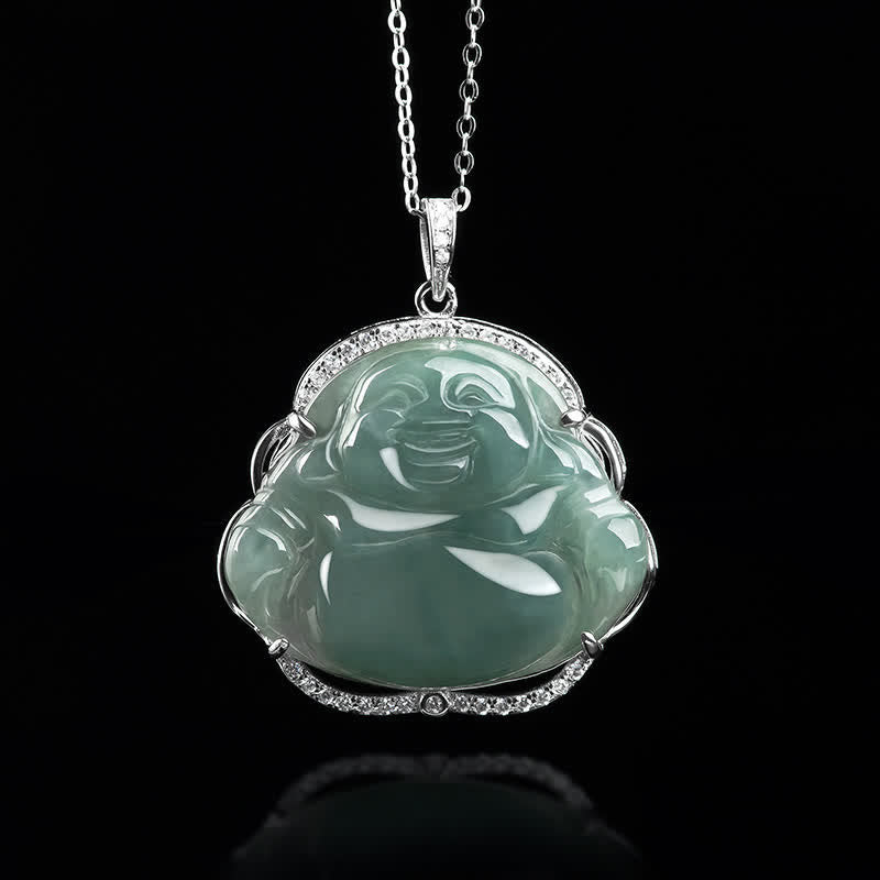 Buddha Stones Laughing Buddha Natural Jade Luck Necklace Titanium Steel Chain Pendant - image 3