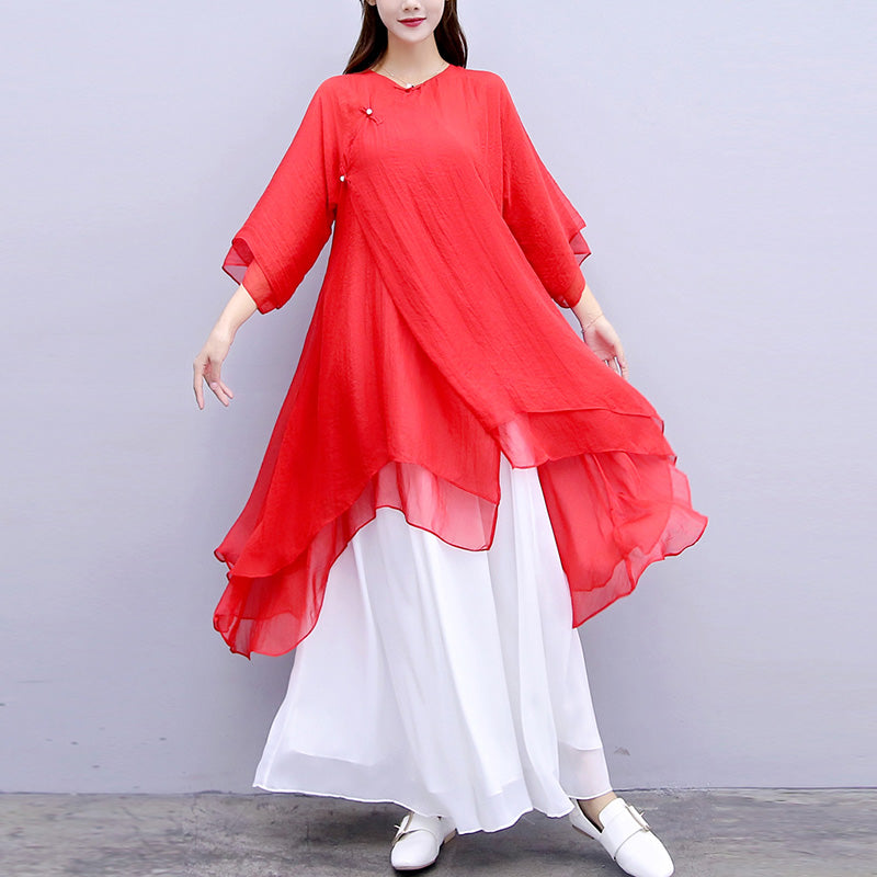 Buddha Stones 3Pcs Yoga Chiffon Clothing Uniform Meditation Zen Practice Women's Set - Red Top&White Pants&Suspenders - US6，UK/AU10，EU38 (XL) - image 32