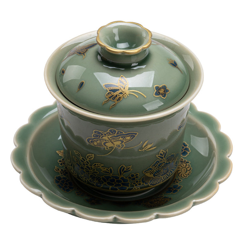 Buddha Stones Green Porcelain Butterfly Flower Salmon Fish Ceramic Gaiwan Sancai Teacup Kung Fu Tea Cup And Saucer With Lid - image 11