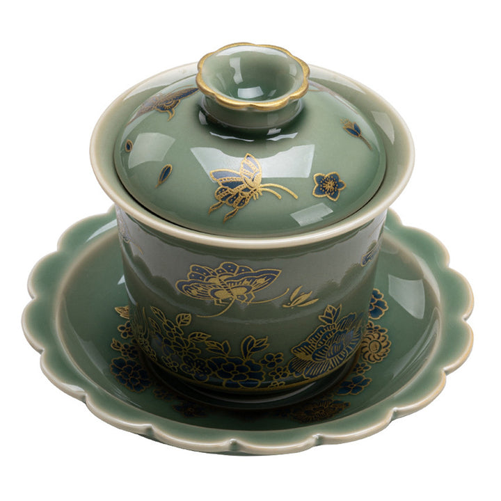 Buddha Stones Green Porcelain Butterfly Flower Salmon Fish Ceramic Gaiwan Sancai Teacup Kung Fu Tea Cup And Saucer With Lid - image 11