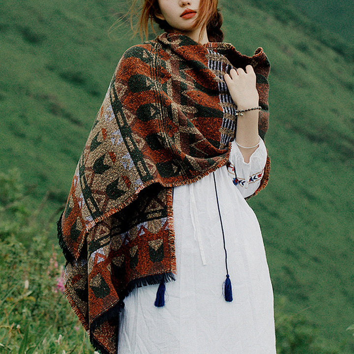 Buddha Stones Tibetan Shawl Classic Geometry Pattern Winter Cozy Travel Scarf Wrap - Brown 210*65cm - image 0