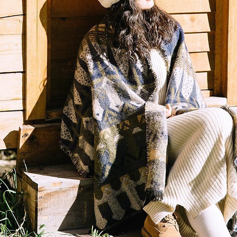 Buddha Stones Tibetan Shawl Classic Geometry Pattern Winter Cozy Travel Scarf Wrap - Blue 210*65cm - image 12