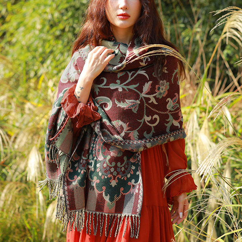 Buddha Stones Tibetan Flowers Leaves Branch Design Tassel Shawl Cozy Travel Scarf Wrap - Dark Red - image 0