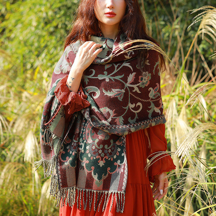 Buddha Stones Tibetan Flowers Leaves Branch Design Tassel Shawl Cozy Travel Scarf Wrap - Dark Red - image 0