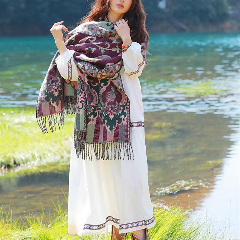 Buddha Stones Tibetan Flowers Leaves Branch Design Tassel Shawl Cozy Travel Scarf Wrap - image 17