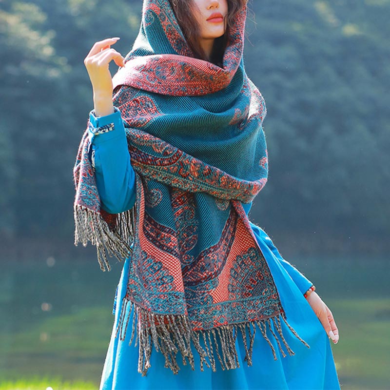 Buddha Stones Tibetan Vine Leaves Pattern Design Shawl Cozy Travel Scarf Wrap - Blue - image 22