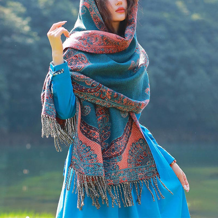 Buddha Stones Tibetan Vine Leaves Pattern Design Shawl Cozy Travel Scarf Wrap - Blue - image 22