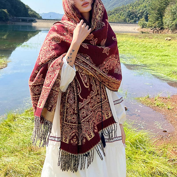 Buddha Stones Vintage Tibetan Leaves Pattern Design Shawl Cozy Travel Scarf Wrap - Dark Red - image 15