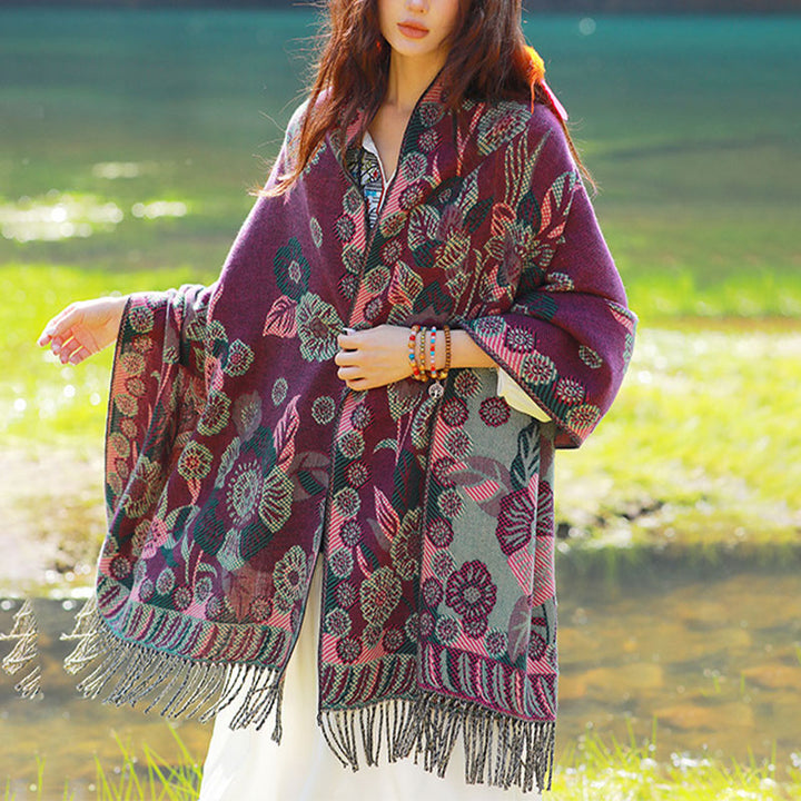 Buddha Stones Tibetan Flower Floral Leaves Pattern Design Shawl Cozy Travel Scarf Wrap - Purple Red - image 10