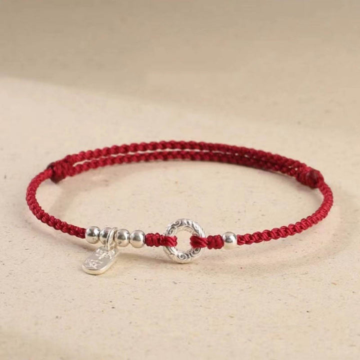 Buddha Stones 925 Sterling Silver Auspicious Clouds Peace Buckle Safe And Sound Bracelet Anklet - Dark Red - Anklet(Circumference 16-26cm) - image 0