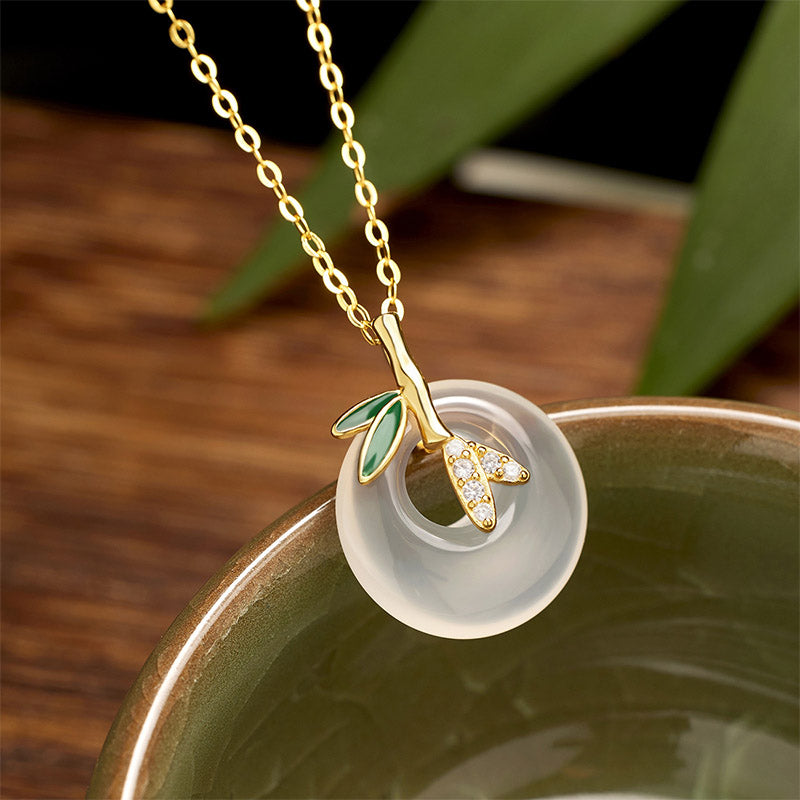 Buddha Stones 925 Sterling Silver Natural Chalcedony Bamboo Leaf Peace Buckle Positive Necklace Pendant - image 2