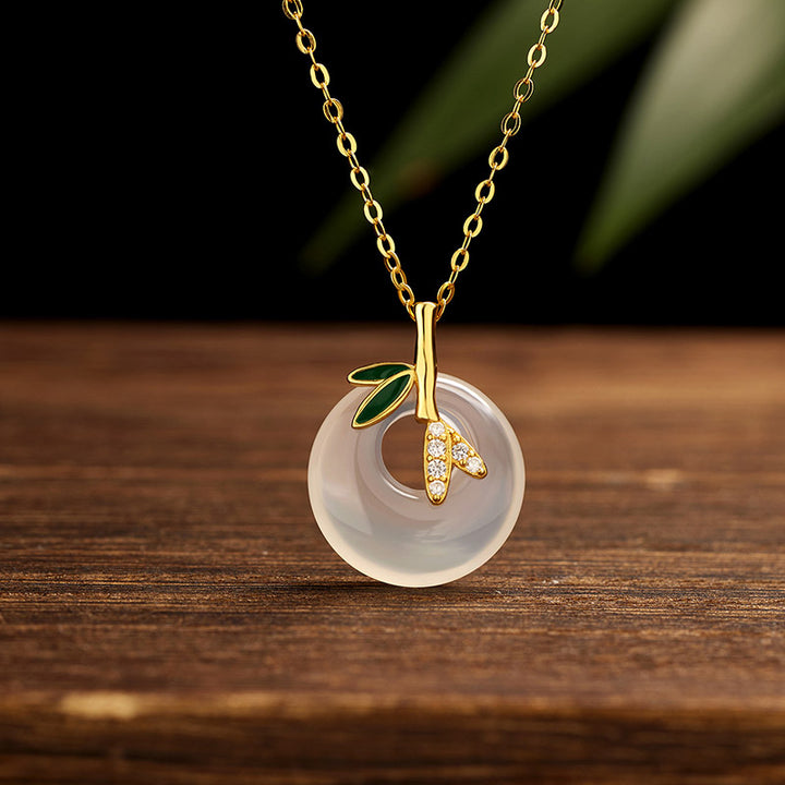 Buddha Stones 925 Sterling Silver Natural Chalcedony Bamboo Leaf Peace Buckle Positive Necklace Pendant - Golden Bamboo Chalcedony - image 0