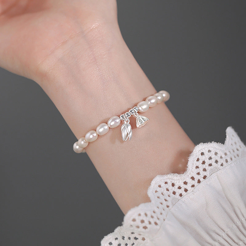Buddha Stones 999 Sterling Silver Lotus Flower Pod Natural Pearl Healing Bracelet - image 3