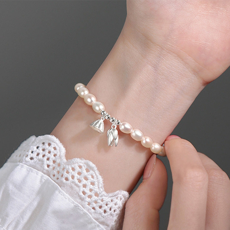 Buddha Stones 999 Sterling Silver Lotus Flower Pod Natural Pearl Healing Bracelet - image 6