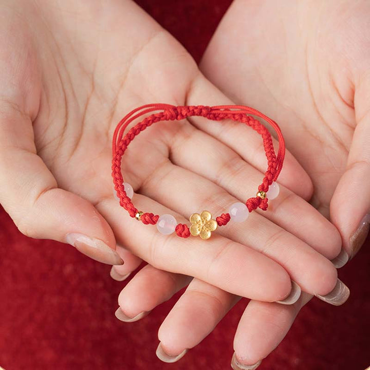 Buddha Stones Handmade 925 Sterling Silver Peach Blossom Cherry Sakura Chalcedony Bead Luck Red Rope Bracelet - image 9