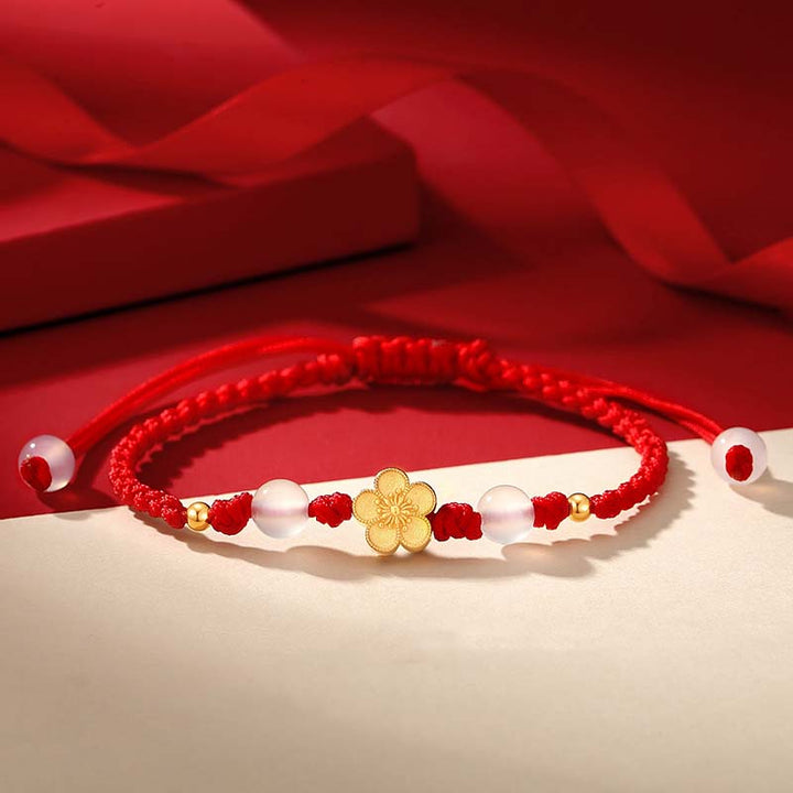 Buddha Stones Handmade 925 Sterling Silver Peach Blossom Cherry Sakura Chalcedony Bead Luck Red Rope Bracelet - 14-21cm - image 0