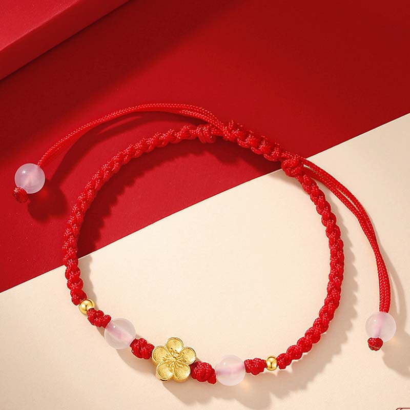 Buddha Stones Handmade 925 Sterling Silver Peach Blossom Cherry Sakura Chalcedony Bead Luck Red Rope Bracelet - image 2
