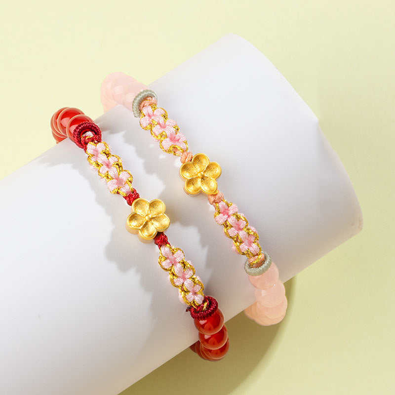 Buddha Stones 999 Sterling Silver Natural Red Agate Pink Crystal Cherry blossom Bracelet - image 1
