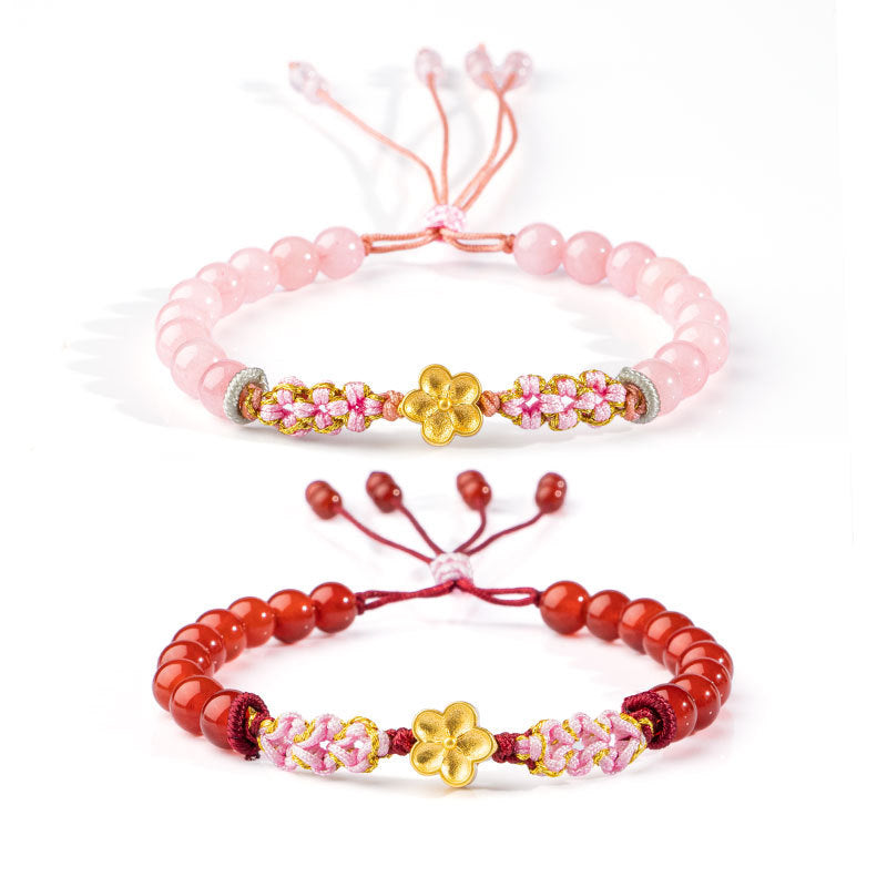 Buddha Stones 999 Sterling Silver Natural Red Agate Pink Crystal Cherry blossom Bracelet - image 0