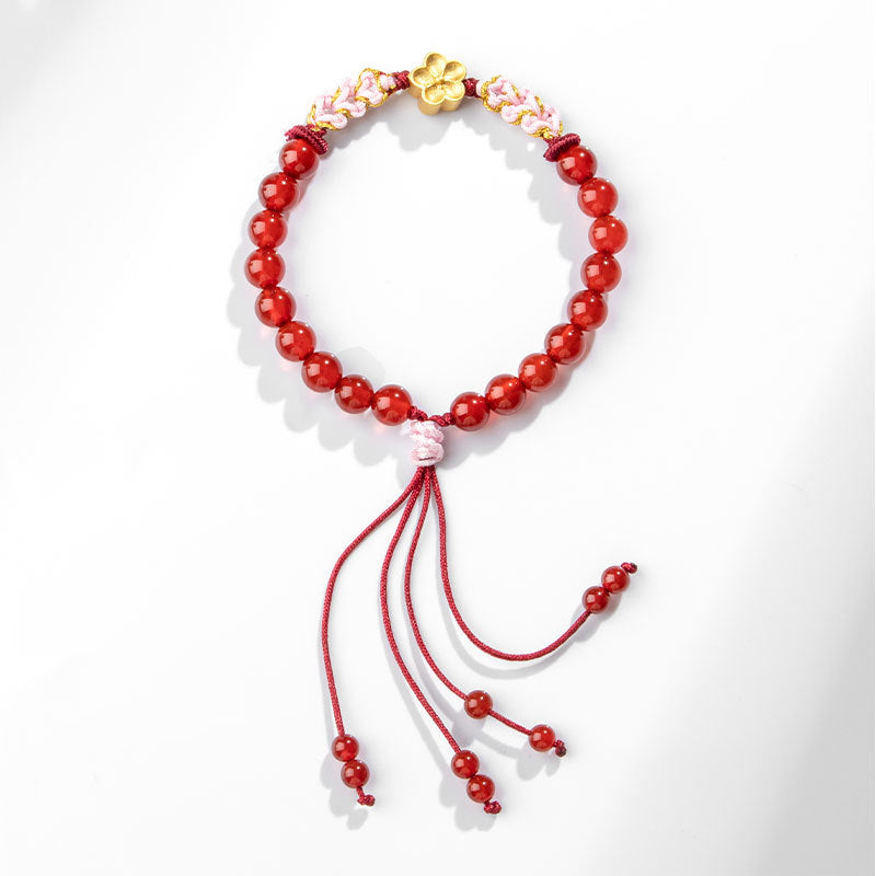 Buddha Stones 999 Sterling Silver Natural Red Agate Pink Crystal Cherry blossom Bracelet - image 11