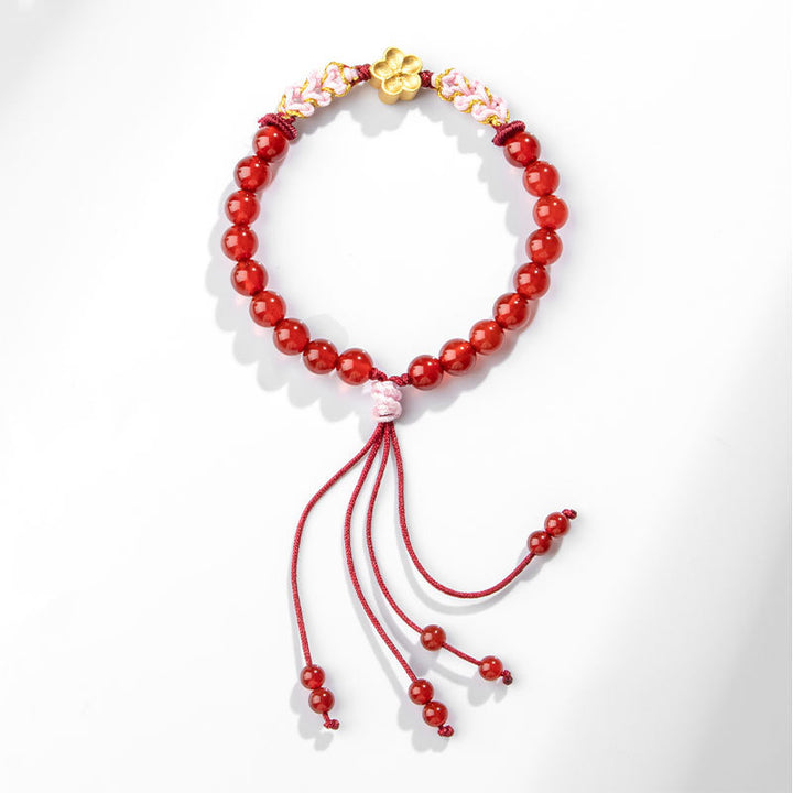 Buddha Stones 999 Sterling Silver Natural Red Agate Pink Crystal Cherry blossom Bracelet - image 11