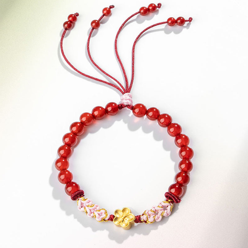 Buddha Stones 999 Sterling Silver Natural Red Agate Pink Crystal Cherry blossom Bracelet - image 9