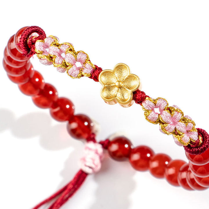 Buddha Stones 999 Sterling Silver Natural Red Agate Pink Crystal Cherry blossom Bracelet - image 10
