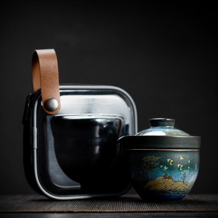 Buddha Stones Ceramic Teacup Deer Mountain Trees Lovely Cat Black Tea Cup With Lid and Bag - image 5