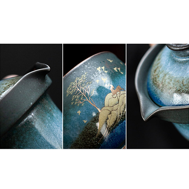 Buddha Stones Ceramic Teacup Deer Mountain Trees Lovely Cat Black Tea Cup With Lid and Bag - image 9