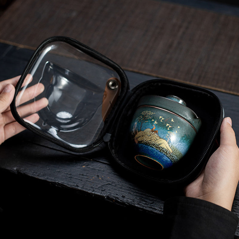 Buddha Stones Ceramic Teacup Deer Mountain Trees Lovely Cat Black Tea Cup With Lid and Bag - image 7