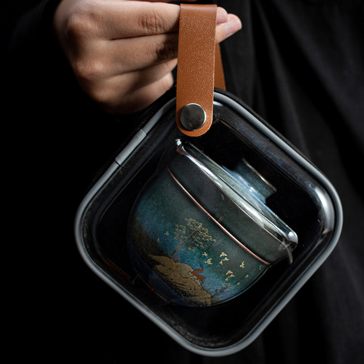 Buddha Stones Ceramic Teacup Deer Mountain Trees Lovely Cat Black Tea Cup With Lid and Bag - image 6