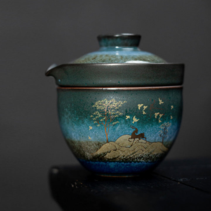 Buddha Stones Ceramic Teacup Deer Mountain Trees Lovely Cat Black Tea Cup With Lid and Bag - image 4