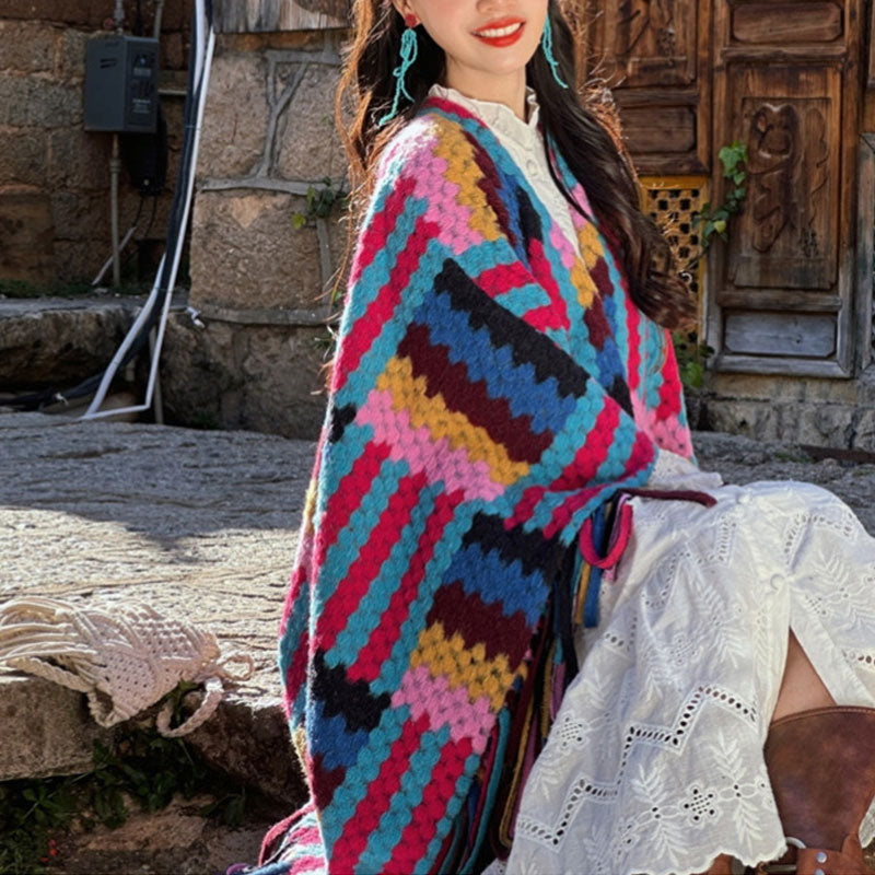 Buddha Stones Tibetan Shawl Candy Color Braided Pattern Winter Cozy Travel Knitted Tassel Scarf Wrap - image 3