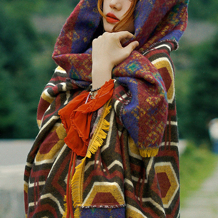 Buddha Stones Tibetan Shawl Brown Blue Red Geometric Shapes Pattern Winter Cozy Travel Scarf Wrap - image 16