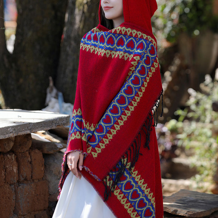 Buddha Stones Tibetan Shawl Red Love Heart Tassel Hooded Cloak Winter Cozy Travel Scarf Wrap - image 12