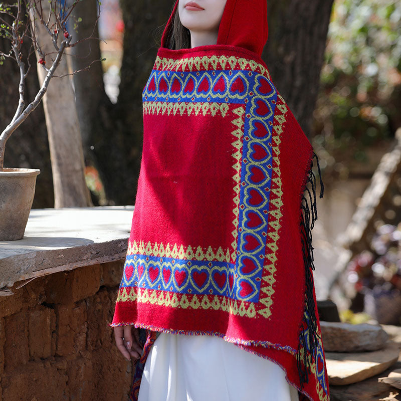 Buddha Stones Tibetan Shawl Red Love Heart Tassel Hooded Cloak Winter Cozy Travel Scarf Wrap - image 8