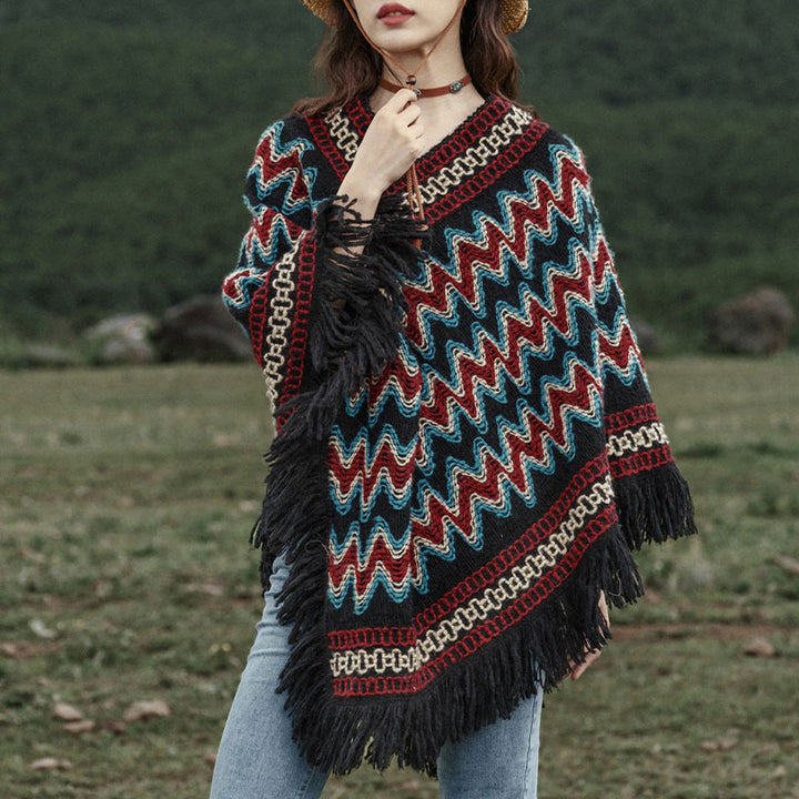 Buddha Stones Tibetan Shawl Striped Knitted Tassels Pullover Winter Cozy Travel Scarf Wrap